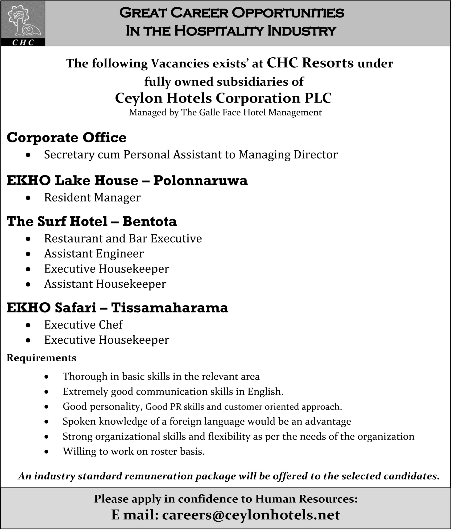 Secretary cum Personal Assistant, Resident Manager, Restaurant & Bar Executive, Assistant Engineer, Executive Housekeeper, Executive Chef - Ceylon Hotels Corporation PLC